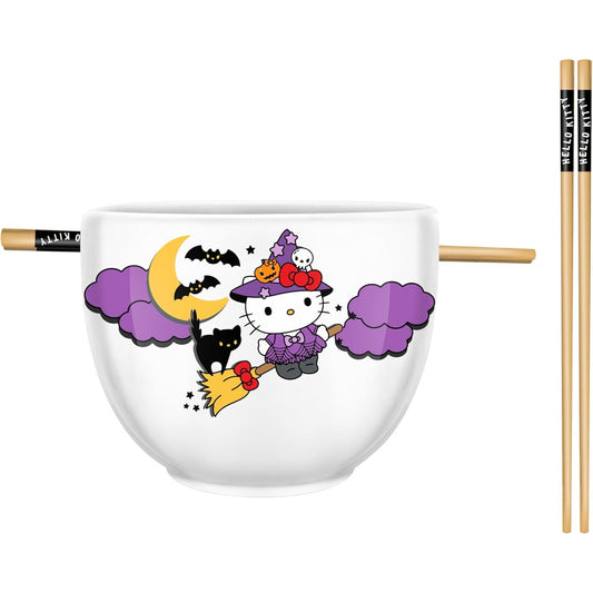 Sanrio Hello Kitty Halloween Spooky Witch Ceramic Ramen Noodle Rice Bowl w/ Chopsticks
