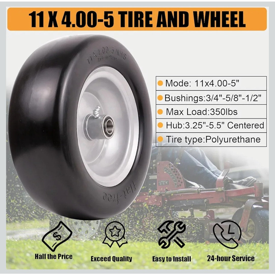 11x4.00-5 Zero Turn Lawn Mower Flat Free Wheels / Tires Set of 2