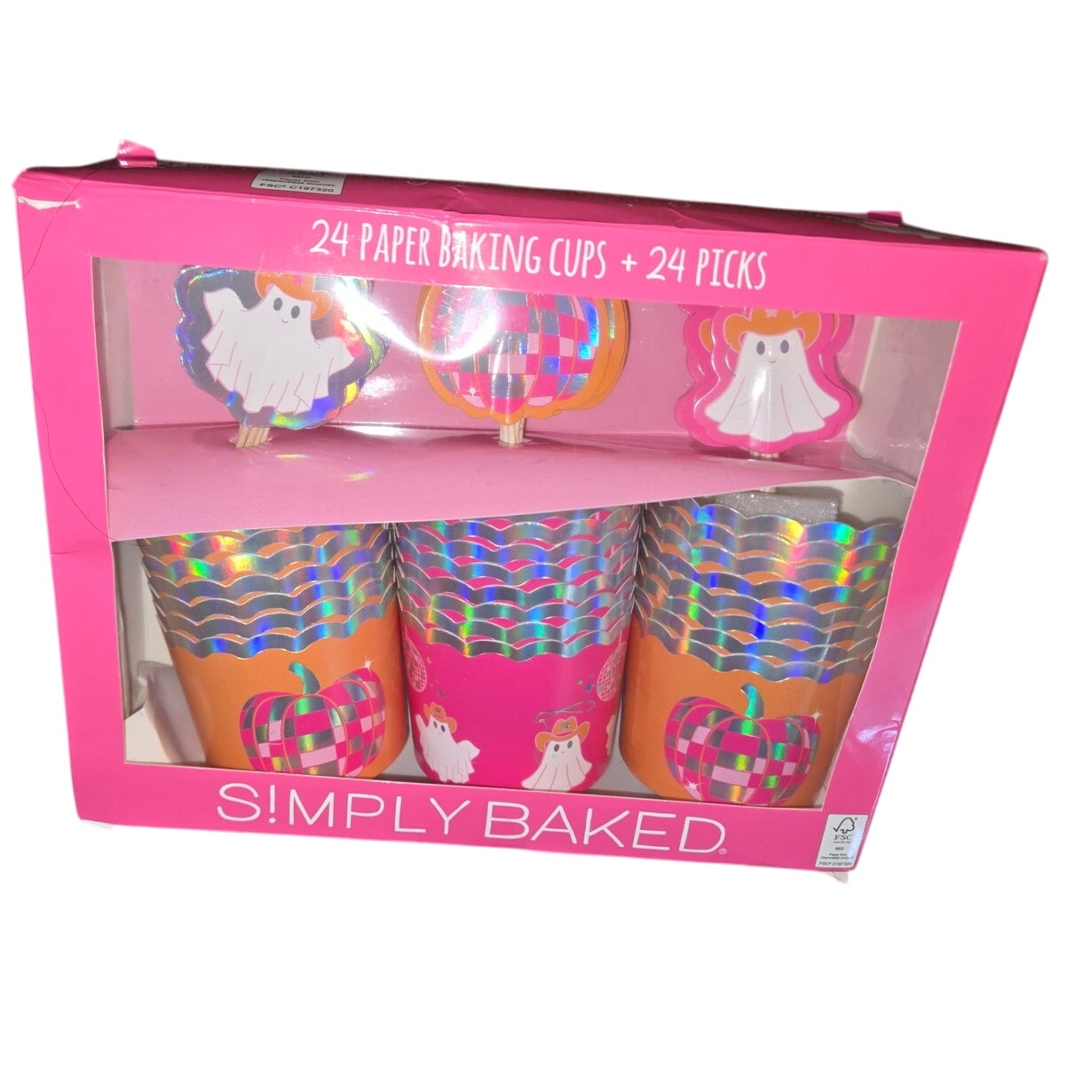48pc Halloween Pink Cowboy Ghost Themed Cupcake Baking Cups & Picks Set NEW