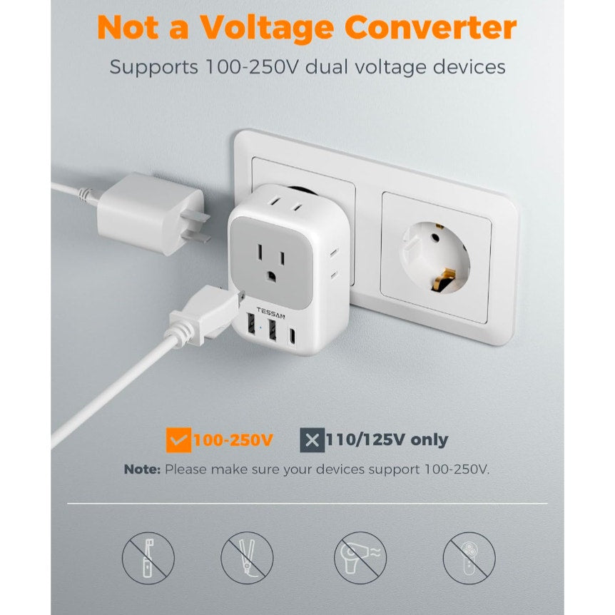 2 Pack European Plug Adapter USB C, US to Europe adapter