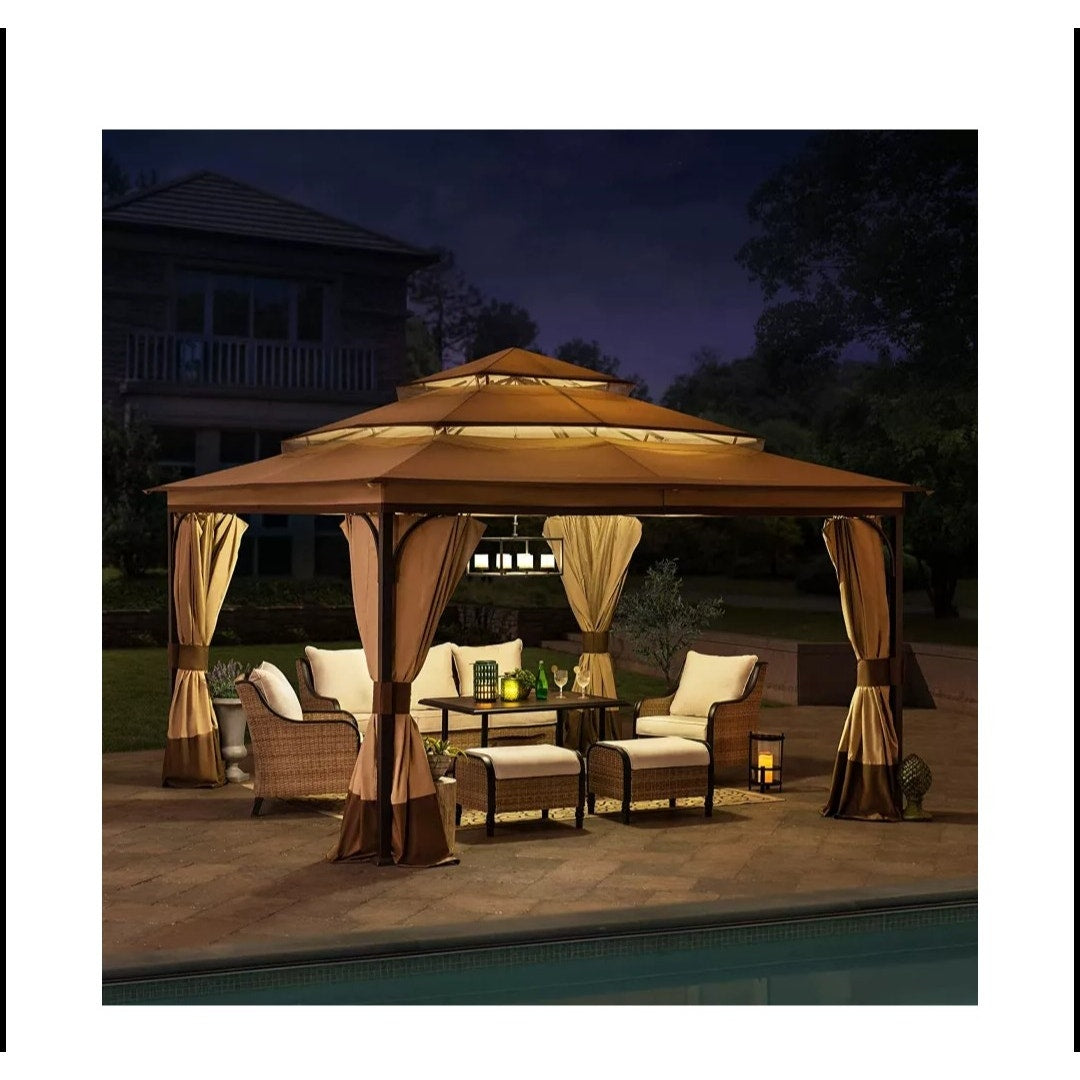 NEW Sunjoy 12 x 12 3-Tier Soft top Gazebo w/ Canopy, Mosquito Netting, & Curtains