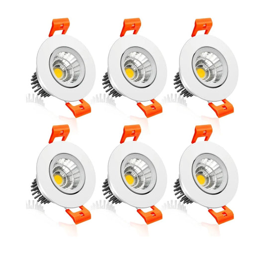 Set of Six, 2 Inch LED Downlight, 3W Recessed Lighting COB Dimmable.