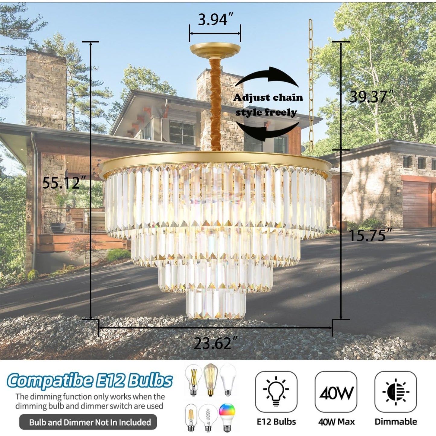 Gold Crystal Chandelier 4-Tier Round Pendant Ceiling Fixture Height Adjustable