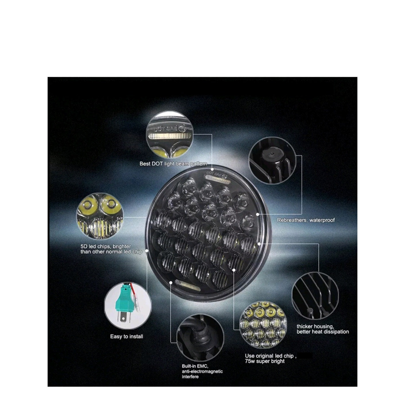 5-3/4 Motorcycle LED Headlight 5.75" H4 Socket light