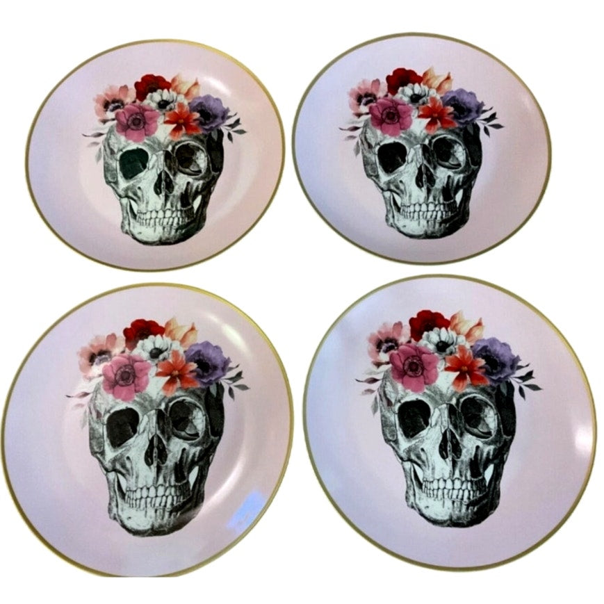 NEW Pink Rose Skull Plates Porcelain Salad Dessert Appetizer Set Of 4 for Halloween