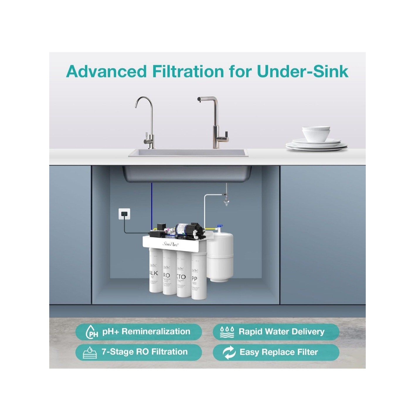 Alkaline Reverse Osmosis 8 Stage Under Sink RO Water Filtration System w/ Tank Build in Pump