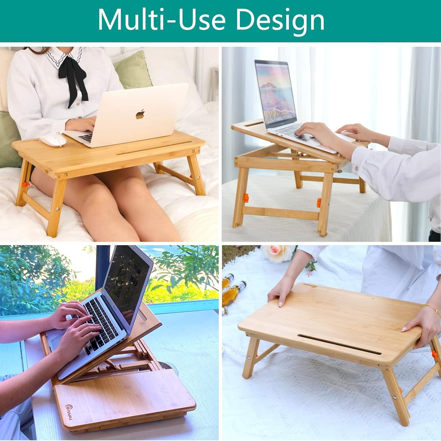 Bamboo Laptop Lap Desk Bed Tray Table Adjustable Angle & Height w/ Tablet Phone Slot Drawer