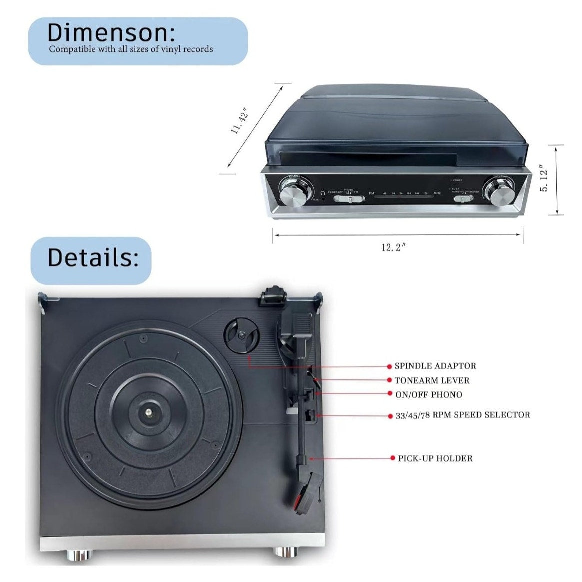 Vinyl Record Player with FM Radio, Built-in Speakers, 3-Speed, RCA Line Out