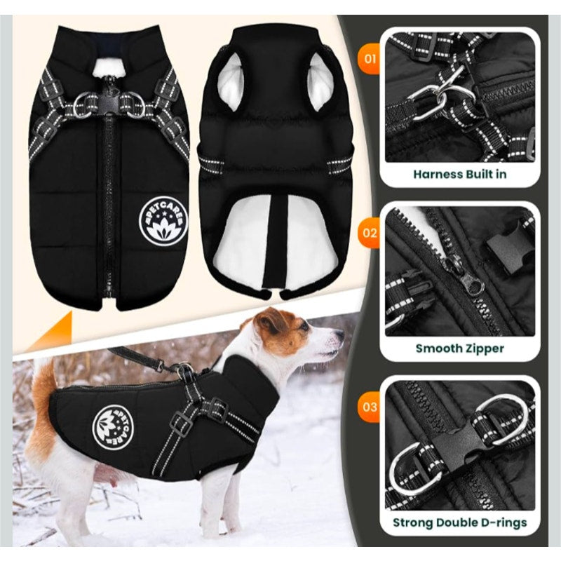Winter Dog Coat with Harness Built in Waterproof Dog Jacket Warm Pet Fleece Vest