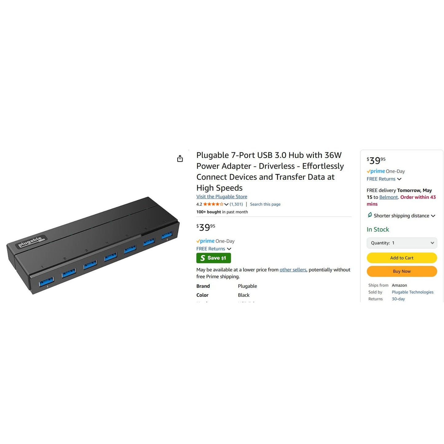 Resellers Lot - 98 ct sealed - plugable 7 Port Hub USB 3.0 w/ Dual Charging Ports Superspeed 5Gbps 36W 36 Watt