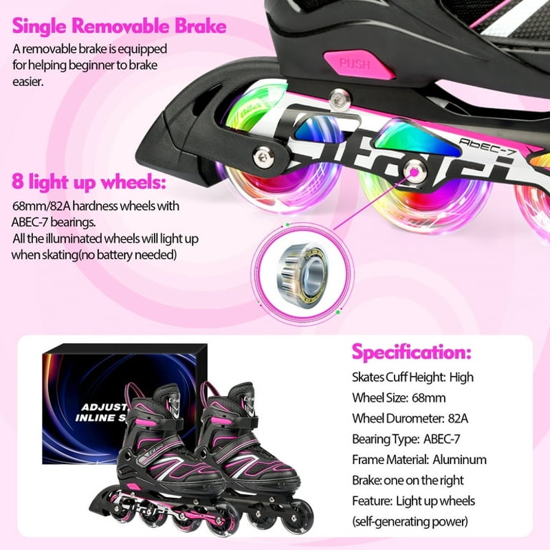 Adjustable Inline Skates with Illuminating Wheels Size 3-5 Kids