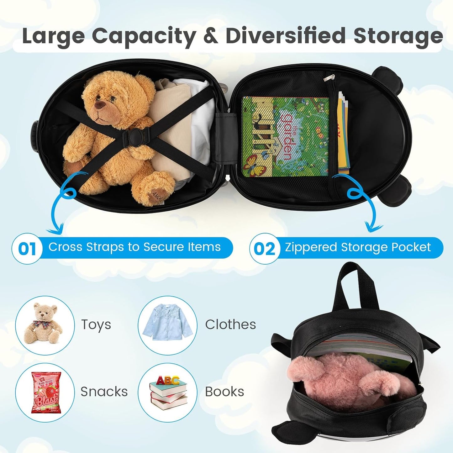 2 PC Kids Carry On Luggage Set 16" Rolling Wheel Suitcase & 12" Backpack Airline Approved Toddler