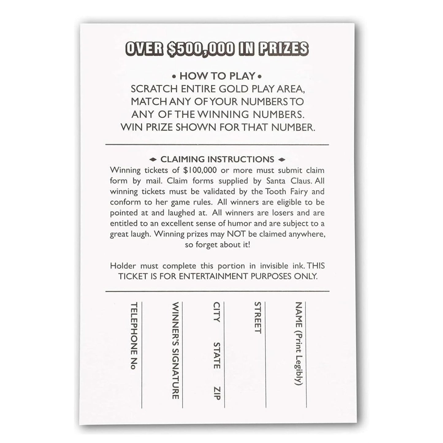 Gag Gift Fake Winning Tickets 3 Card Set