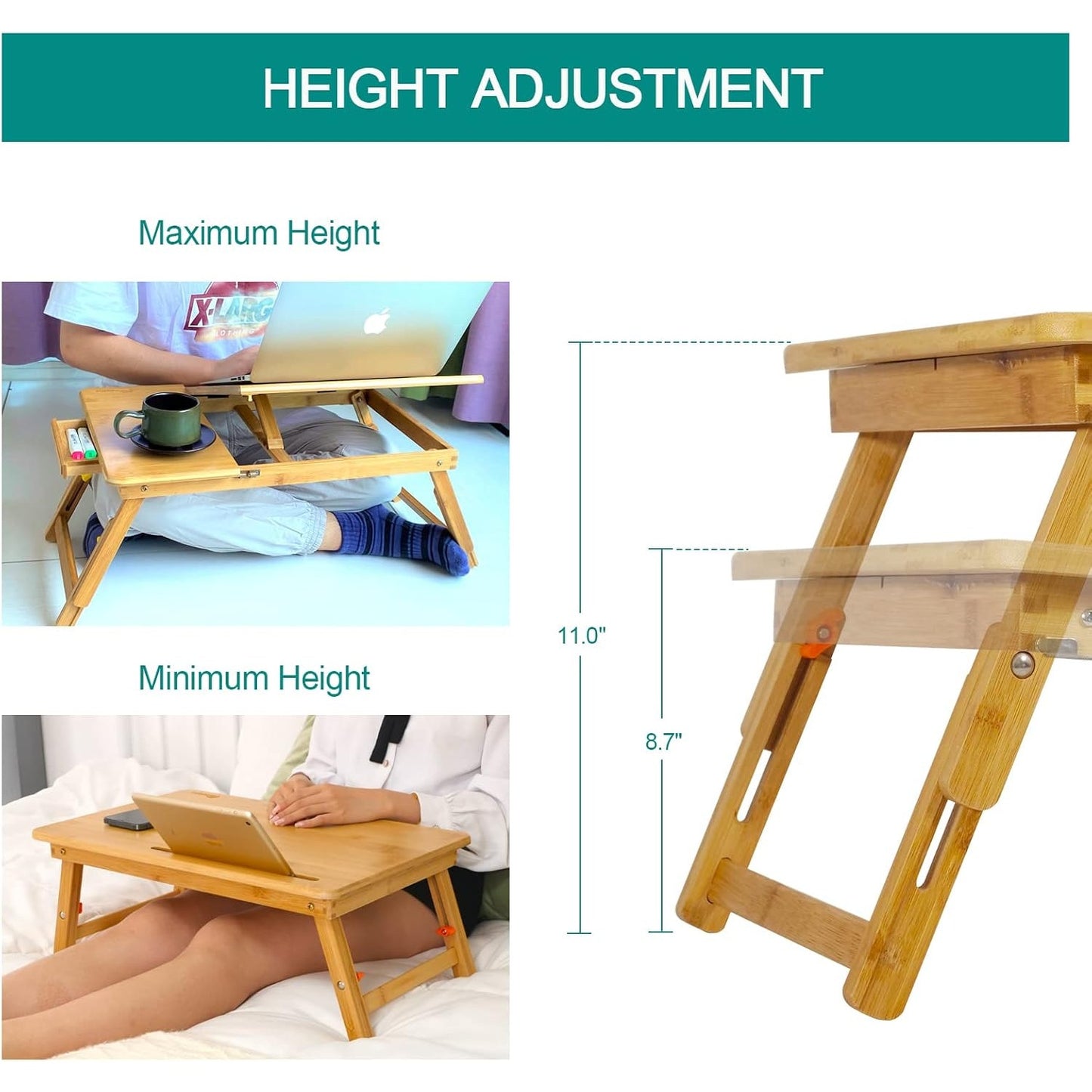 Bamboo Laptop Lap Desk Bed Tray Table Adjustable Angle & Height w/ Tablet Phone Slot Drawer