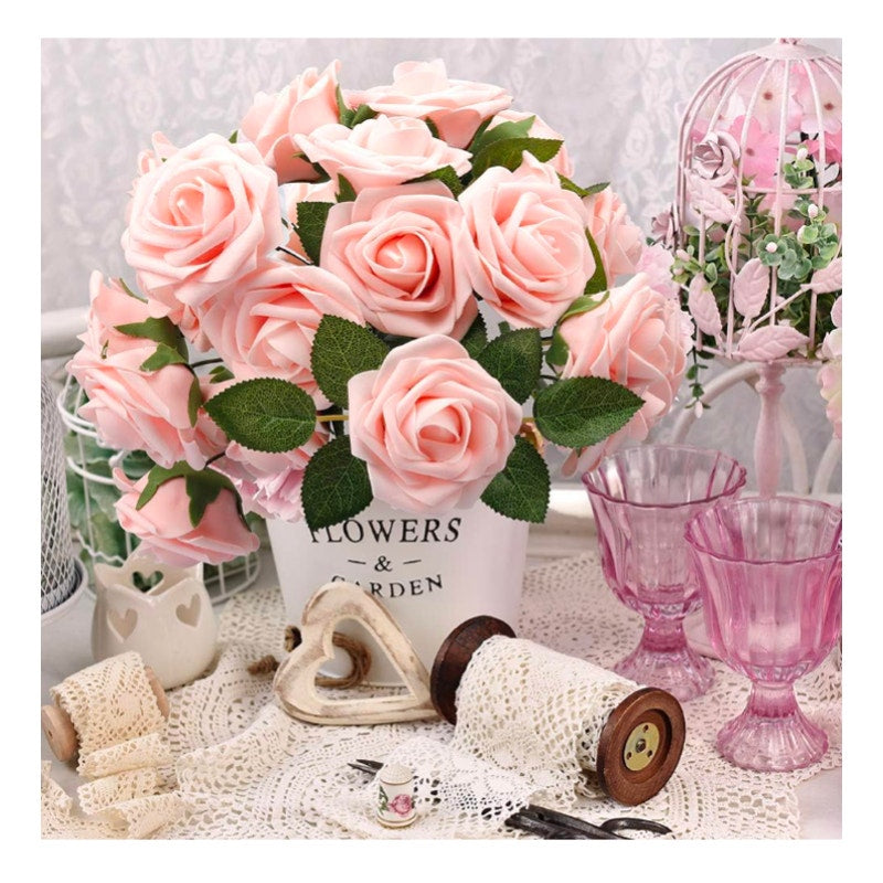 50Pcs Artificial 8" Stem w/ Leaves Rose Flowers Blush Pink Roses DIY Projects