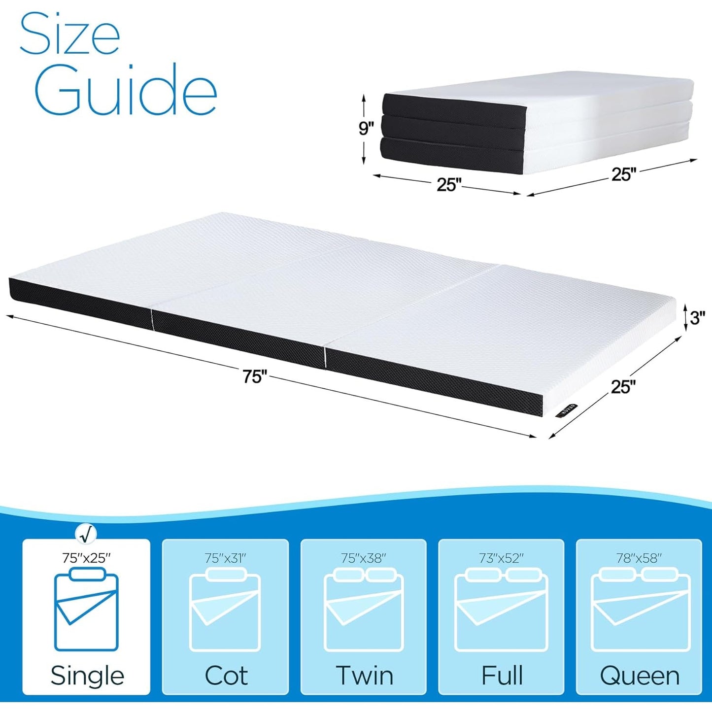 3 inch Single Size Folding Mattress Washable Cover Cooling Foldable