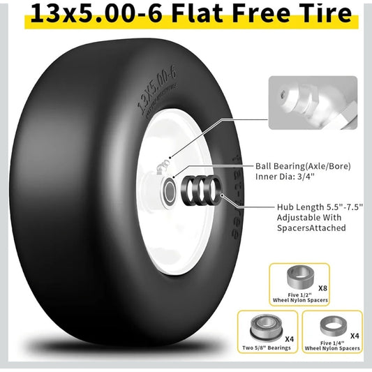 New 13x5.00-6 Flat Free Lawn Mower Tire Set of TWO Tires / Wheels