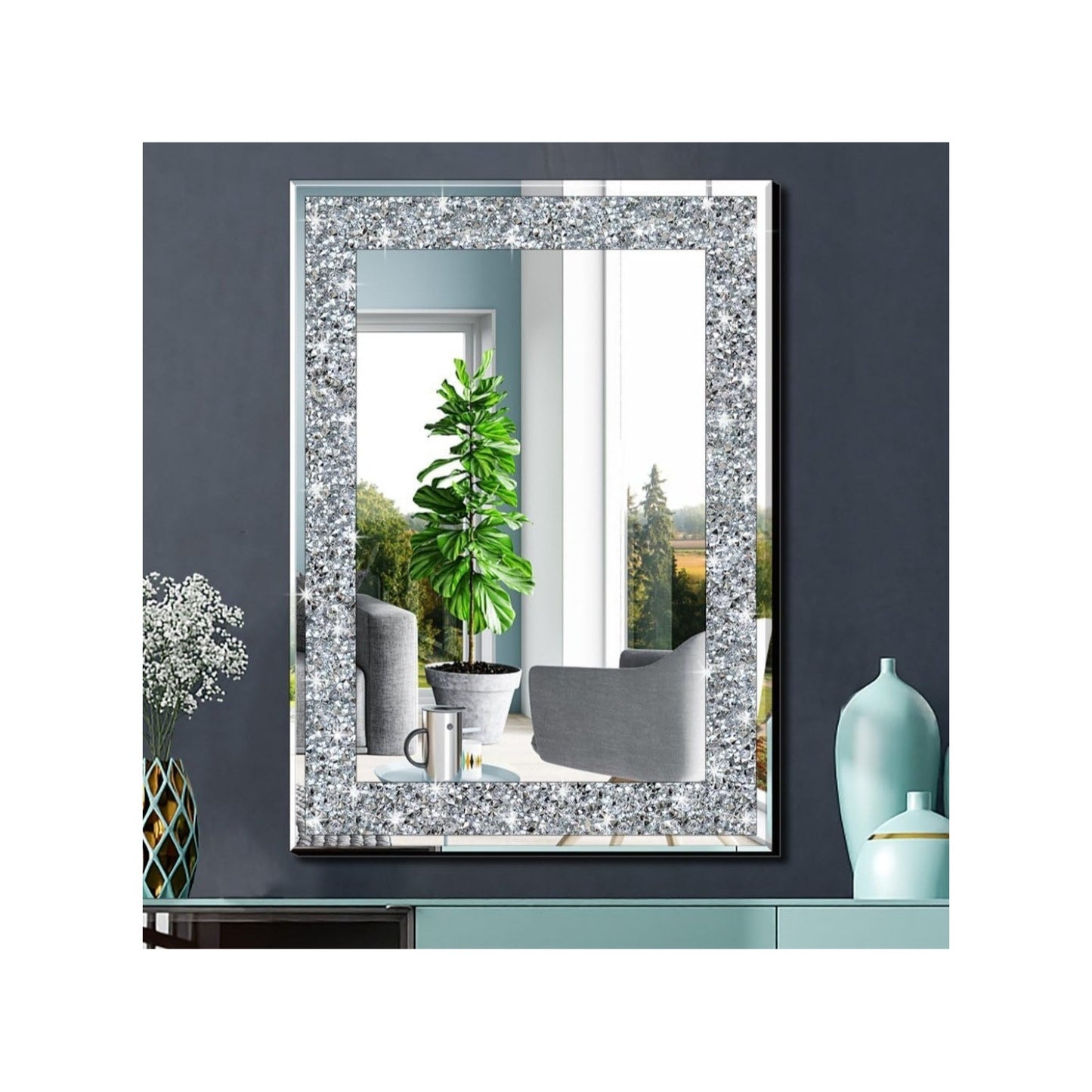Crystal Crush Diamond Rectangle Silver Mirror for Wall Decoration 20x28inch Wall Hang Frameless Mirror .