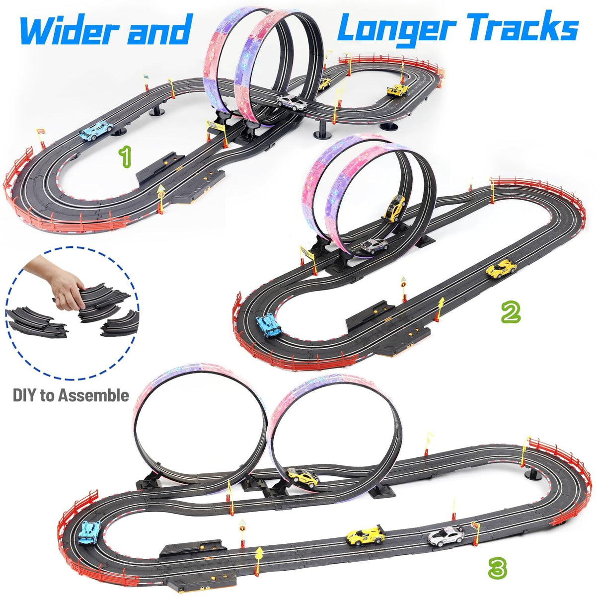 PAFOLO 19ft Electric Slot Car Race Track Set with 4 LED Cars & Lap Counters - Ages 6-12 - New
