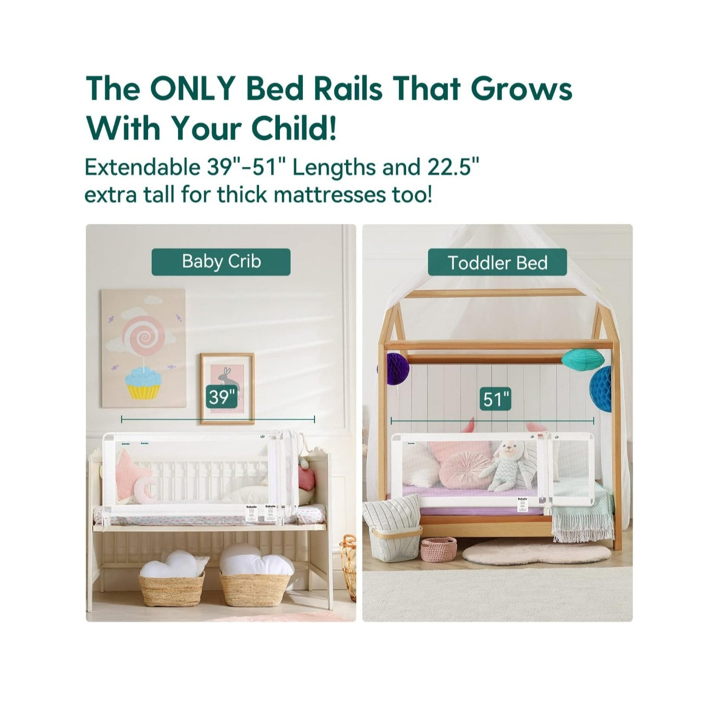 Toddler Bed Rail Guardian 39"-51" Side Guard for Twin/Queen/Full Size Bed 22.5" Tall