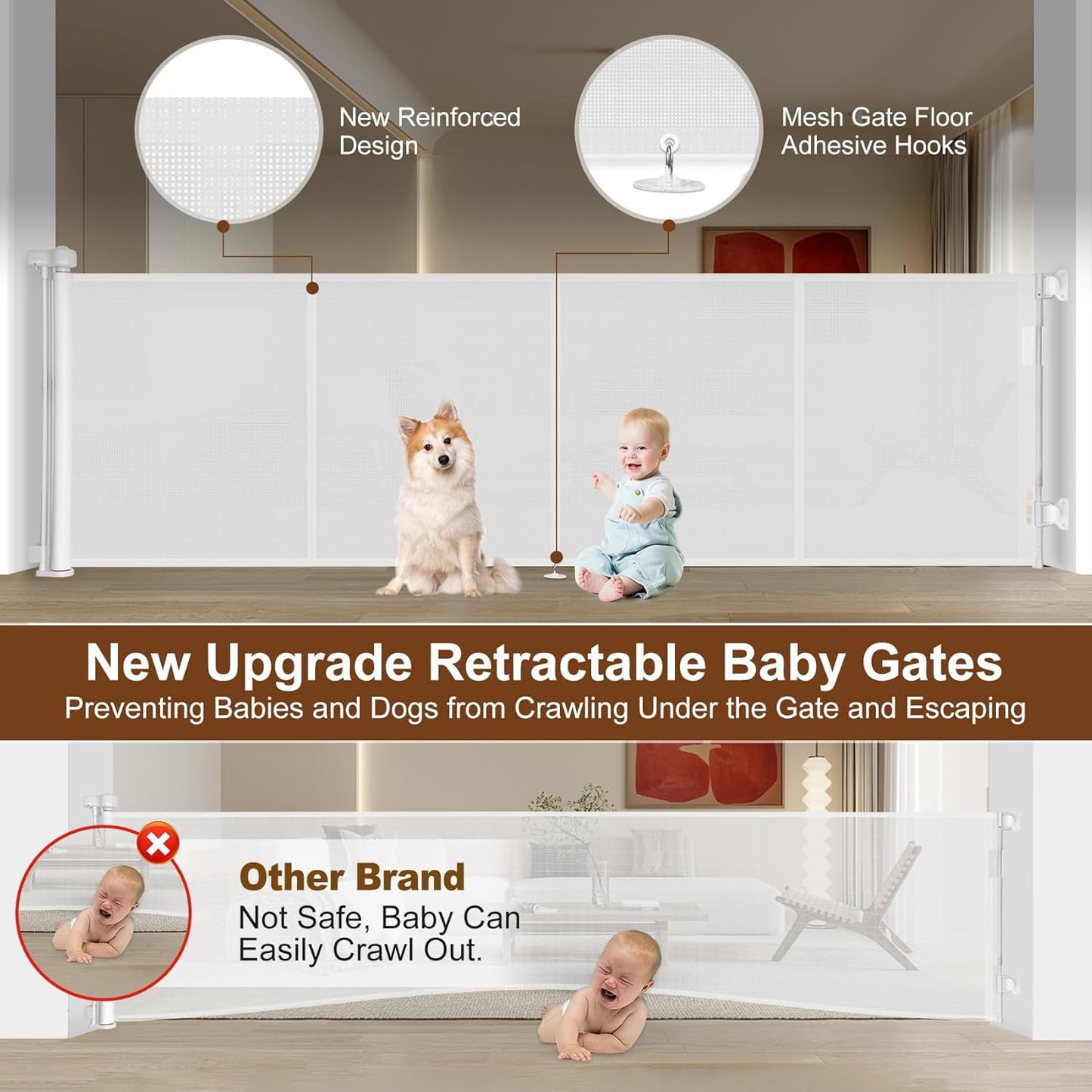 Retractable Baby / Pet Gate Extra Wide Reinforced 34" x 200" Indoor Outdoor 16FT Garage Gate