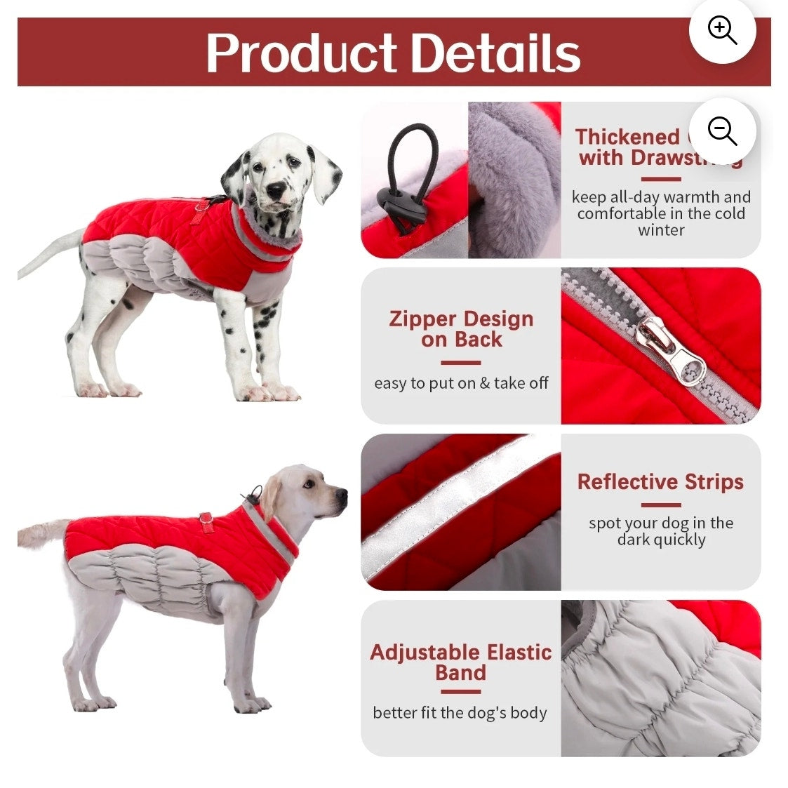 Dog Winter Coat Jacket Warm Reflective, Size Medium, Red