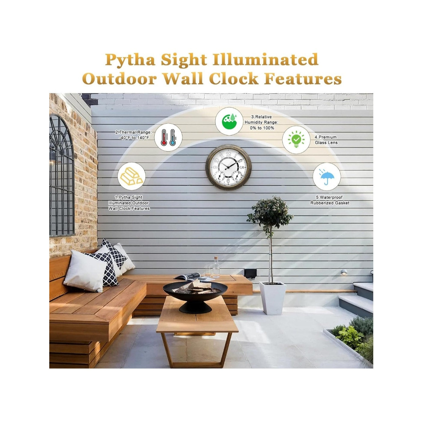 Illuminated Large Indoor Outdoor Wall Clock Waterproof w/ Auto Light Sensor Thermometer Hygrometer