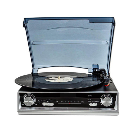 Vinyl Record Player with FM Radio, Built-in Speakers, 3-Speed, RCA Line Out