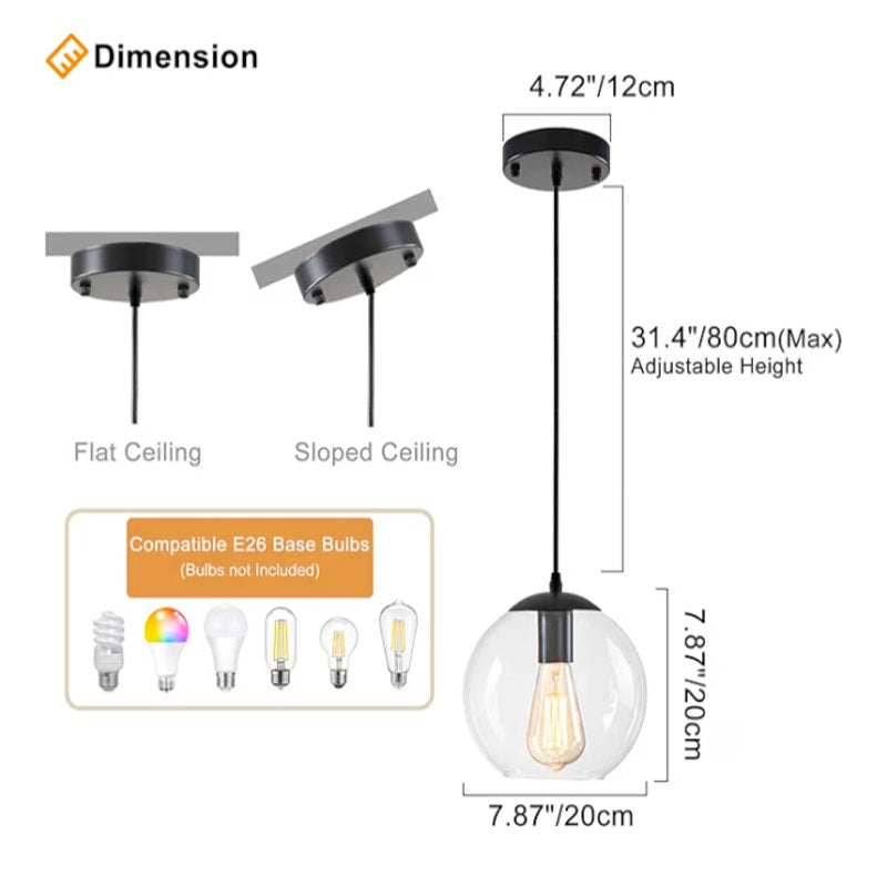 Glass Globe Pendant Light Modern Hanging Lighting Fixture