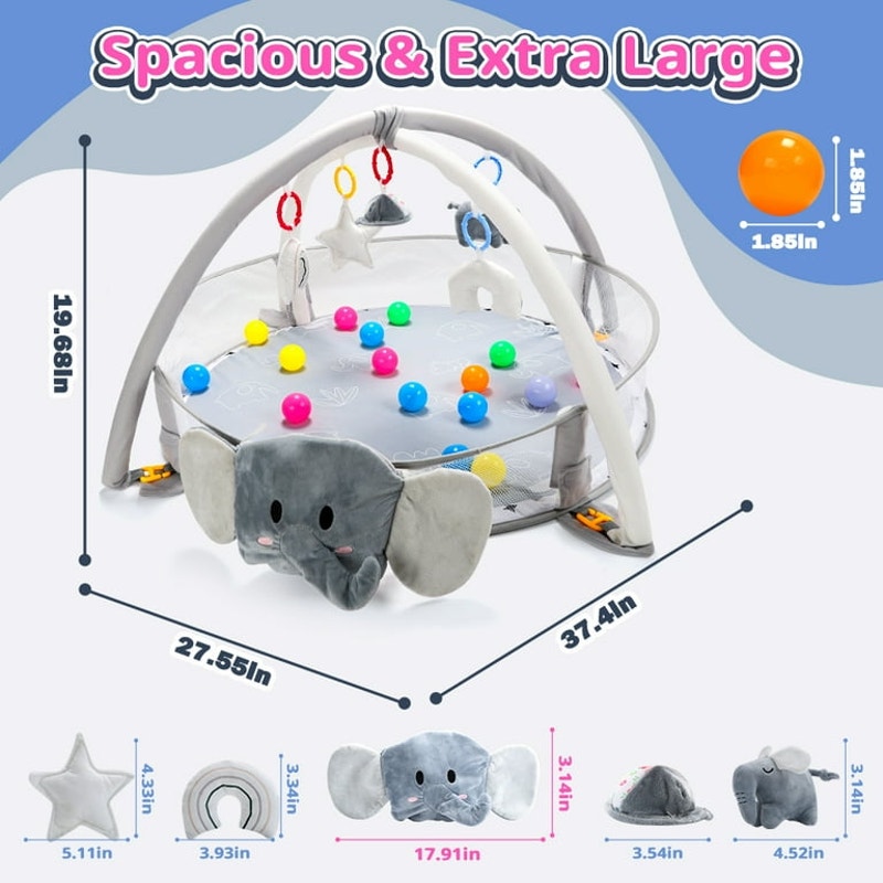 5-in-1 Elephant Baby Gym Play Mat with 30 Balls