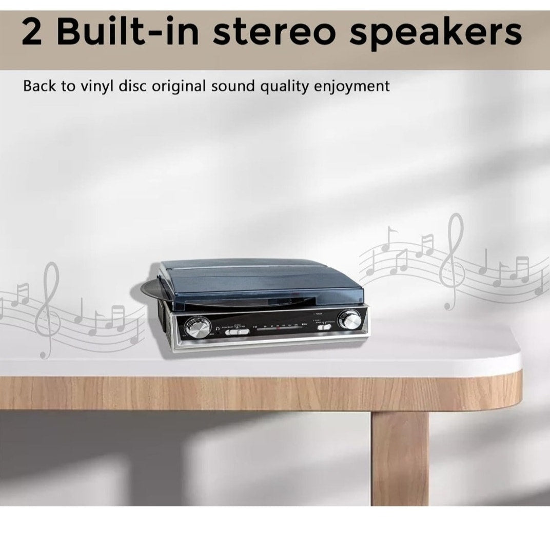 Vinyl Record Player with FM Radio, Built-in Speakers, 3-Speed, RCA Line Out