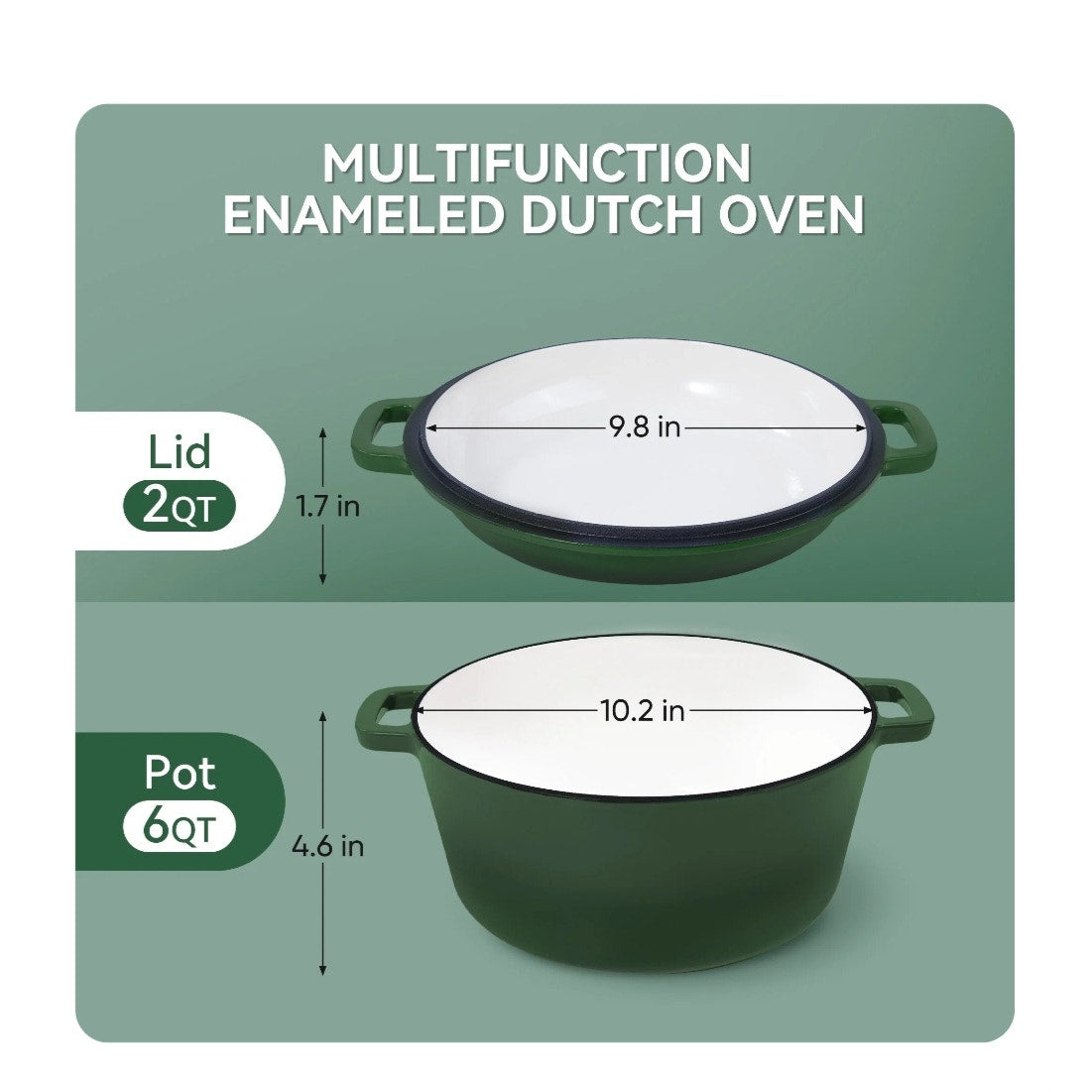 New in Box 2-in-1 Enameled Cast Iron Dutch Oven Pot Lid Pan 6qt + 2qt