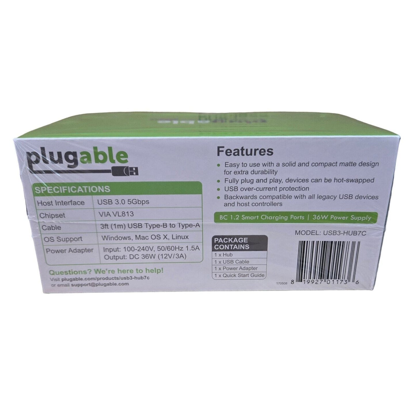 plugable 7 Port Hub USB 3.0 w/ Dual Charging Ports Superspeed 5Gbps 36W 36 Watt