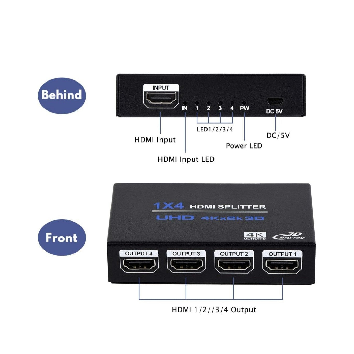 1x4 HDMI Splitter Audio Video Distributor Box Support 3D & 4K x 2K Compatible