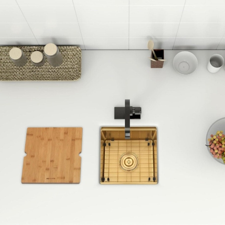 NEW Gold Bar Sink 15" Undermount w/ Cutting Board, Sink Grid, & Drain Assembly