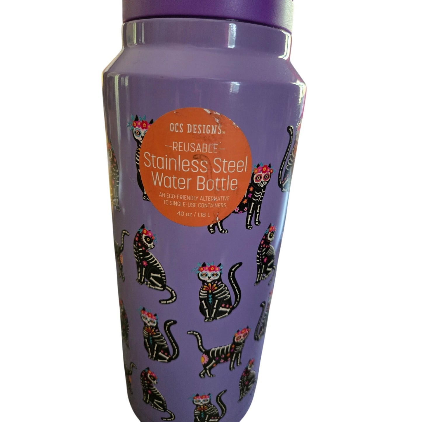 Dia De Los Muertos Sugar Skull Cat Insulated Stainless Steel Water Bottle Halloween