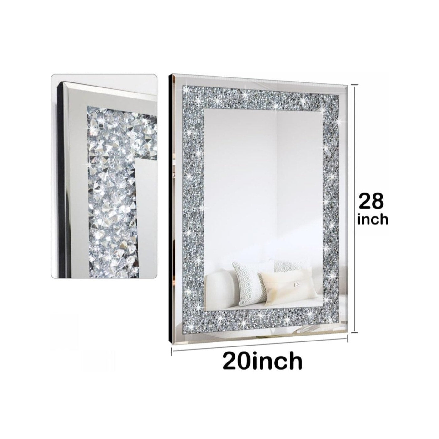 Crystal Crush Diamond Rectangle Silver Mirror for Wall Decoration 20x28inch Wall Hang Frameless Mirror .