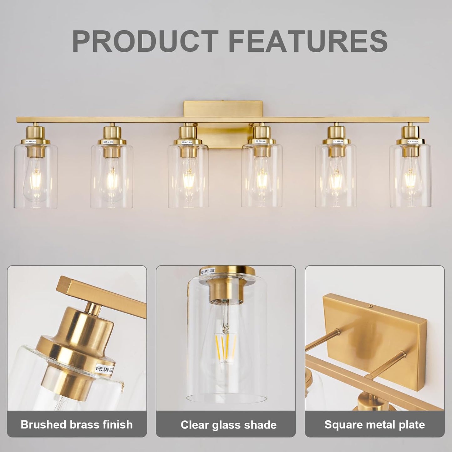 New 6 Light Gold Bathroom Light Fixture Brushed Brass Vanity Light Wall Lighting
