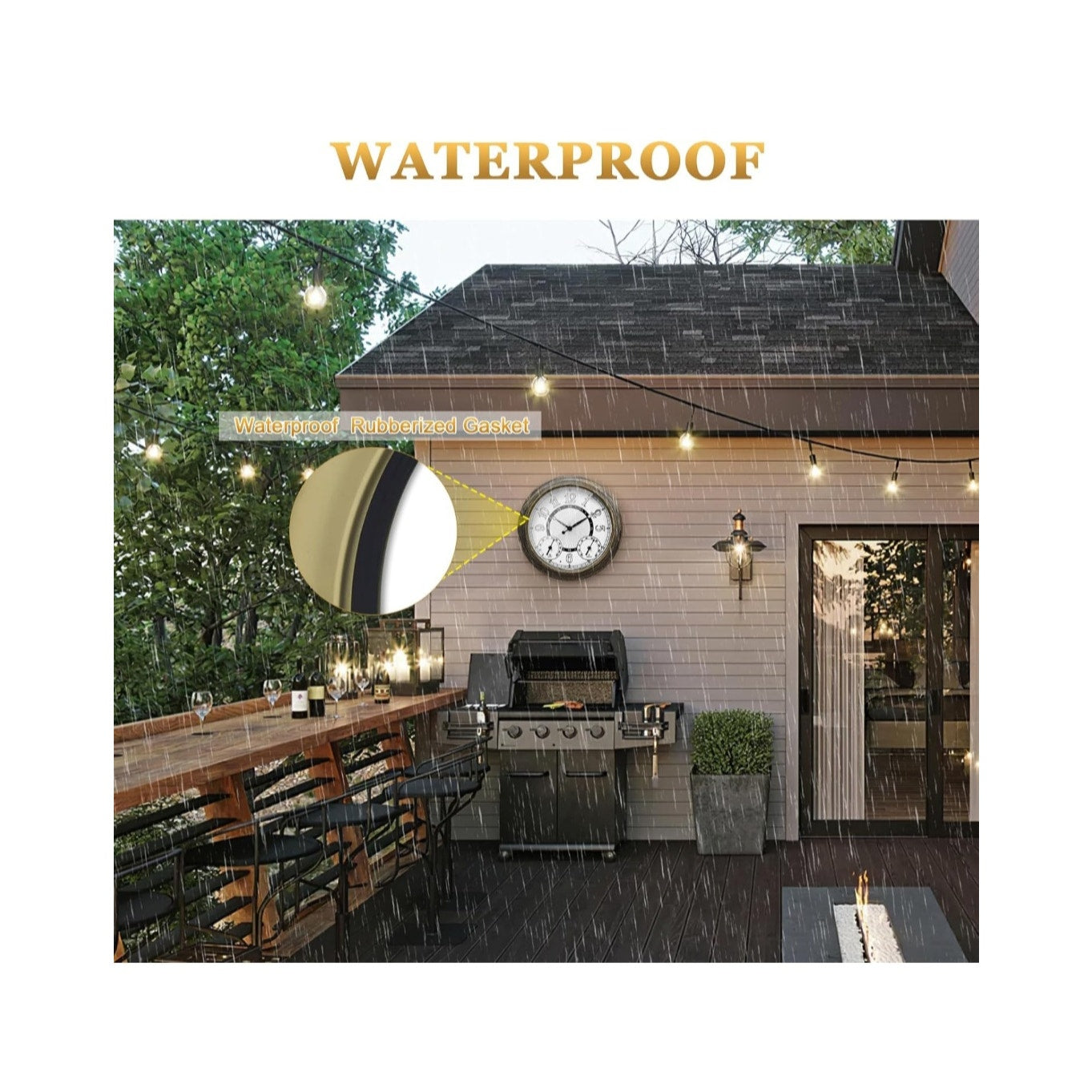 Illuminated Large Indoor Outdoor Wall Clock Waterproof w/ Auto Light Sensor Thermometer Hygrometer