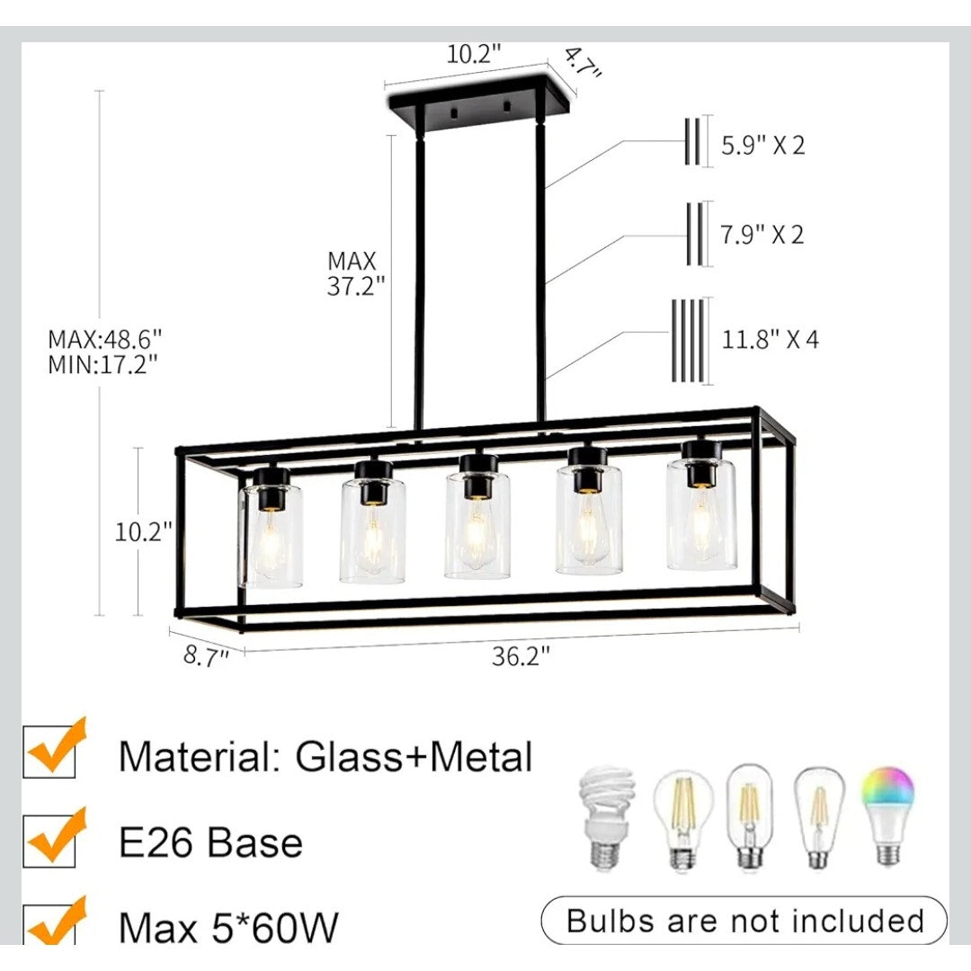 New 5 Light Fixture Matte Black Chandelier Pendant Lighting Adjustable Height