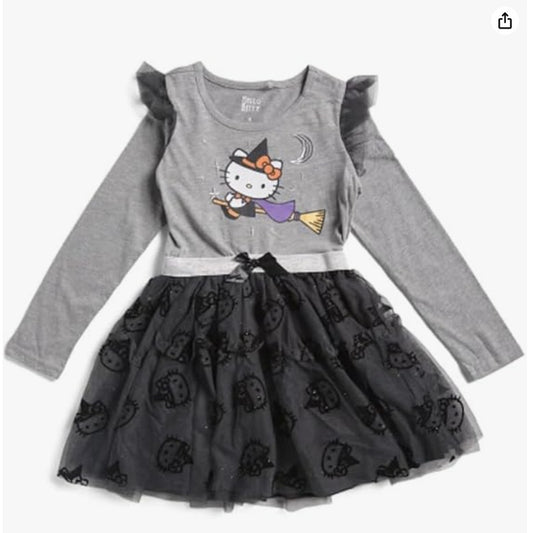 New Girls Halloween Hello Kitty Witch Dress 4T 100% Cotton Gray Black CUTE!