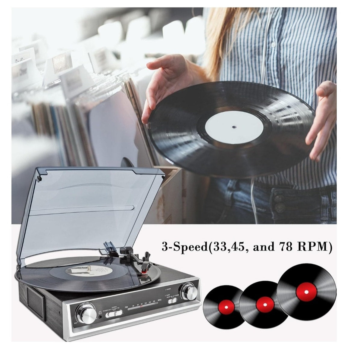 Vinyl Record Player with FM Radio, Built-in Speakers, 3-Speed, RCA Line Out