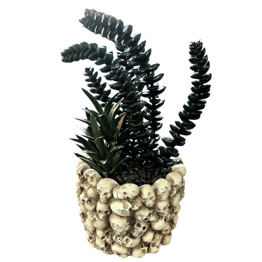 Halloween Skull Planter w/ Artificial Plant Many Mini Skulls on Jar