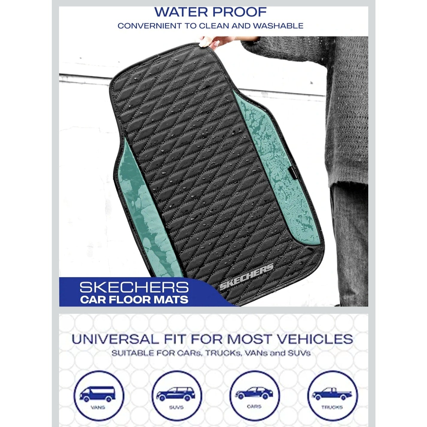 Skechers Leather Car Floor Mats Anti-Slip Pad Universal Waterproof 4pc