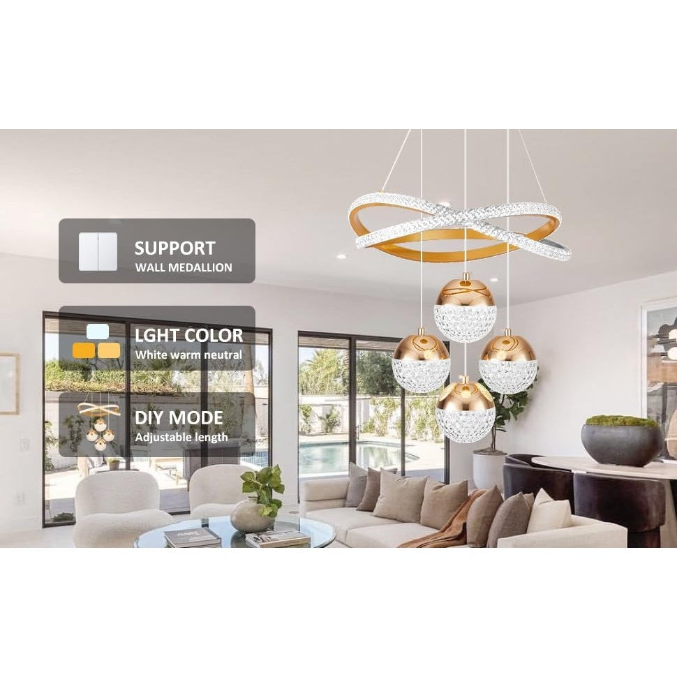 Gold LED Chandelier 3-Color Dimmable Hanging Pendant Ceiling Light Adjustable Height