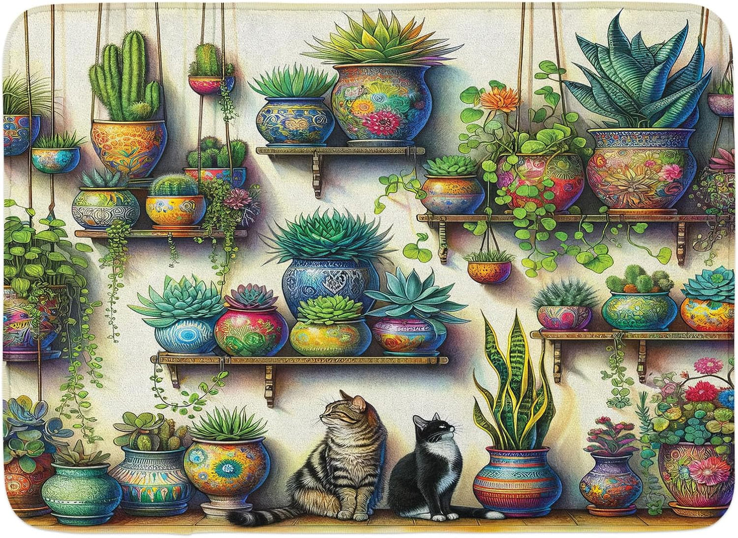 Accent Rug 20"x30" Vintage Botany Theme Bohemian Scenery Cactus & Leaves w/ Cats