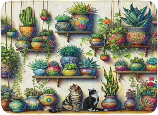 Accent Rug 20"x30" Vintage Botany Theme Bohemian Scenery Cactus & Leaves w/ Cats
