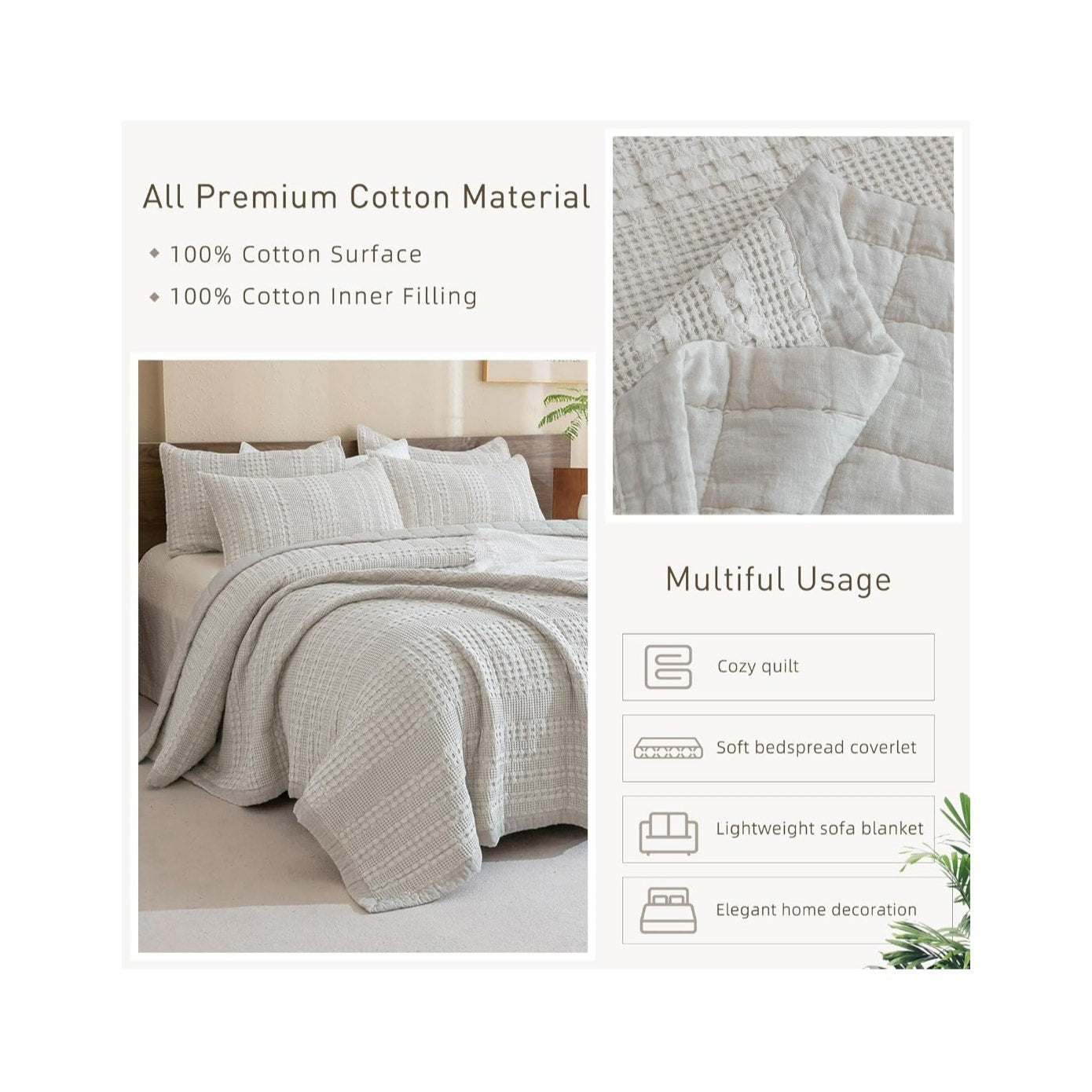 King Size 100% Cotton Khaki Quilt w/ 2 Pillow Shams
