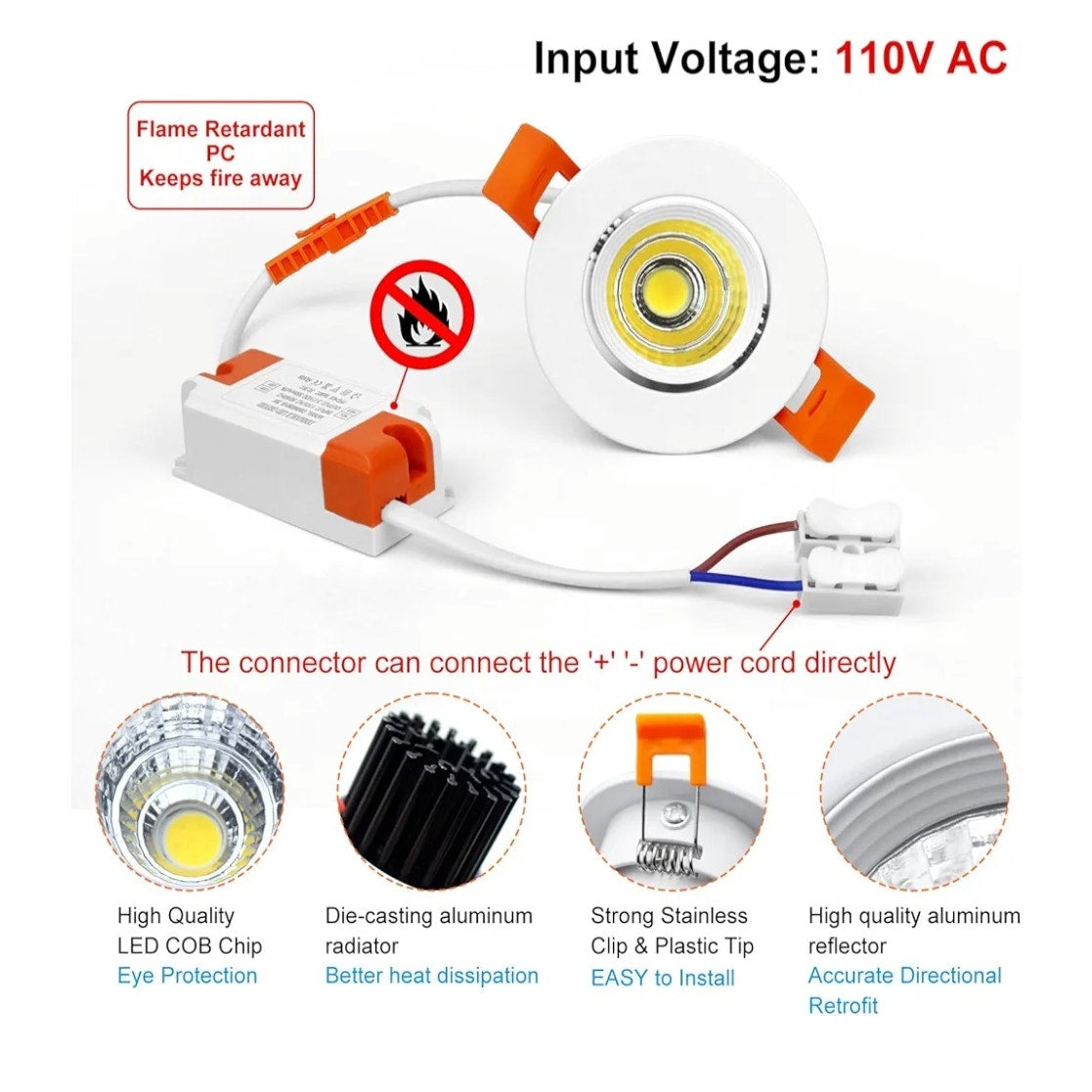 Set of Six, 2 Inch LED Downlight, 3W Recessed Lighting COB Dimmable.