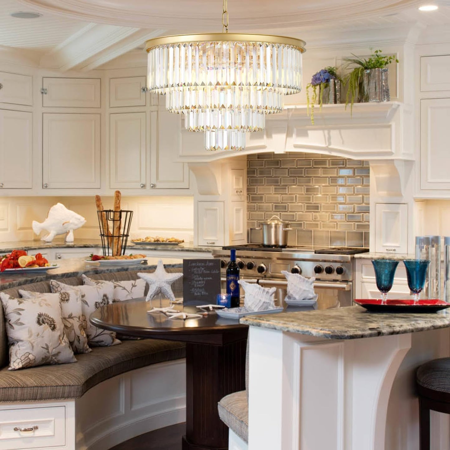 Gold Crystal Chandelier 4-Tier Round Pendant Ceiling Fixture Height Adjustable